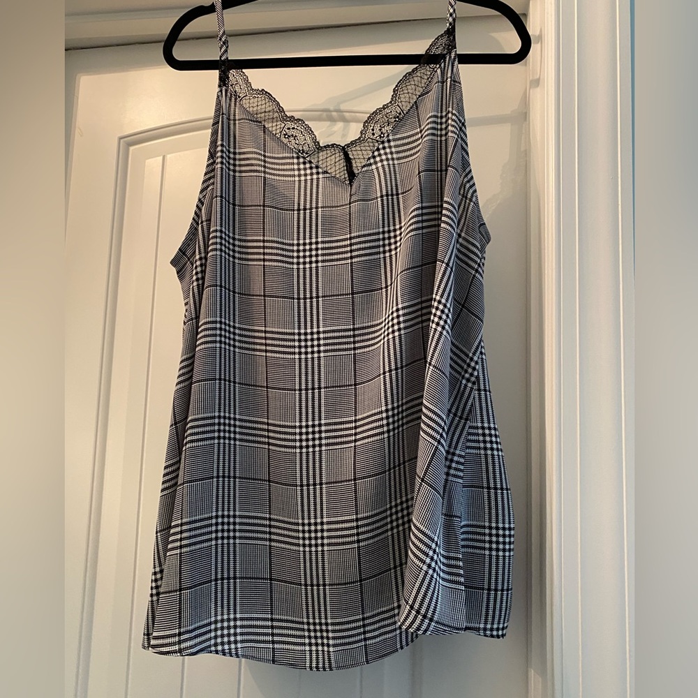 Black and white plaid tank top, V-Neck with lace trim.